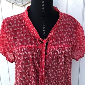 Loft blouse top red bird print semi-sheer boho hippie women’s medium lightweight